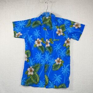 V.H.O Mens Blue Hawaiian Shirt Tropical Hibiscus Palm Tree Floral Small